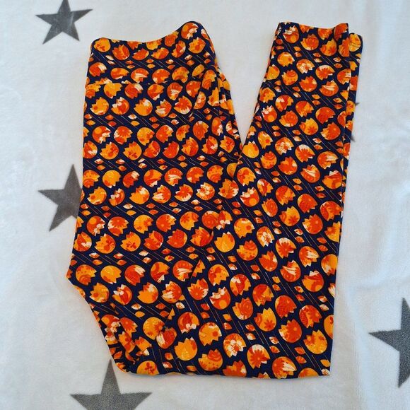Blue With Orange Flowers LulaRoe Leggings Tall & Curvy Yoga Workout Spring - Picture 1 of 7